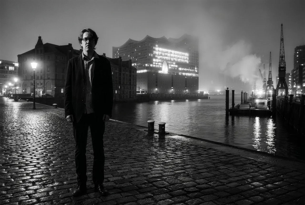 Niclas Burdon at Hamburg harbour at night, the Elbphilharmonie in fog behind him