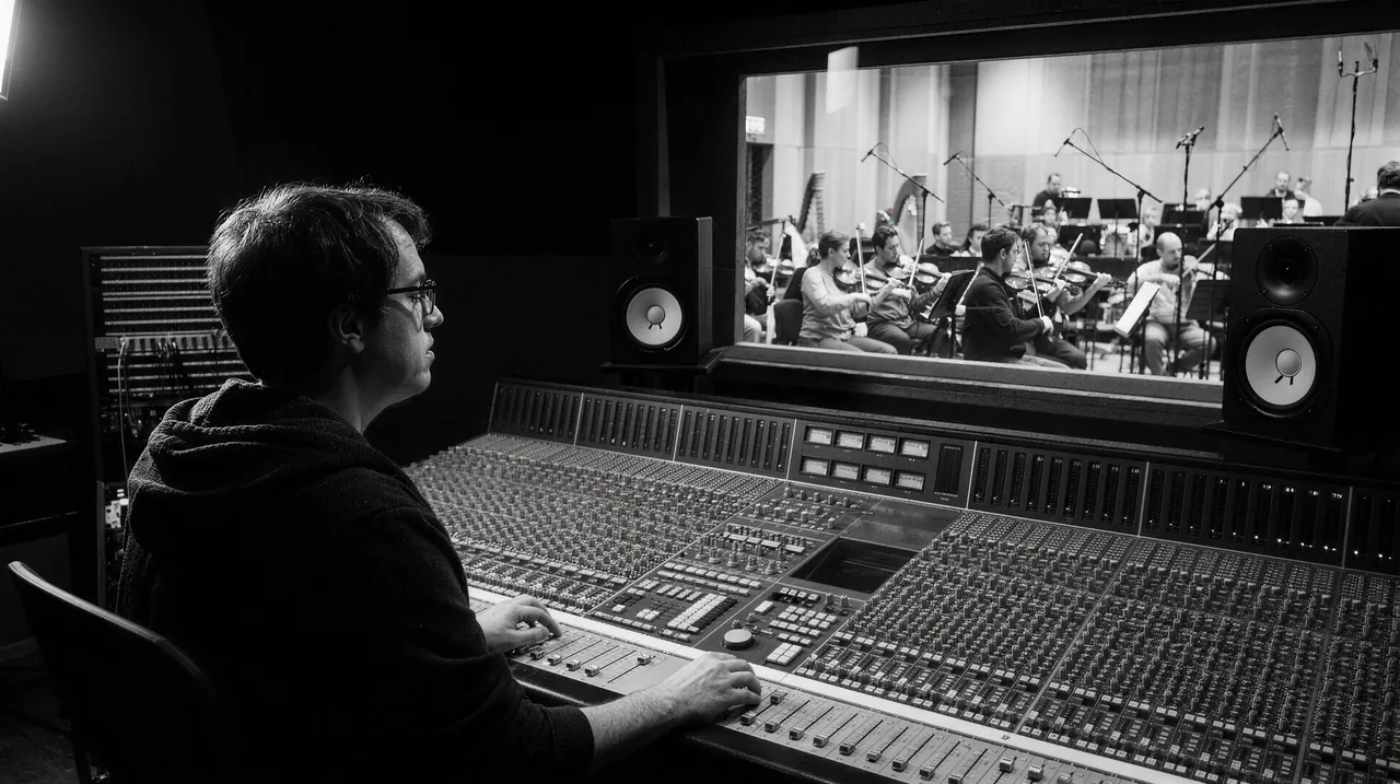 Niclas Burdon seen from behind at the mixing console, an orchestra playing behind the studio glass